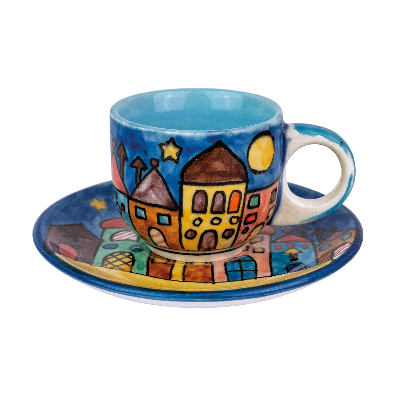 Espressotasse aus Keramik mit Häusermotiv, handbemalt.