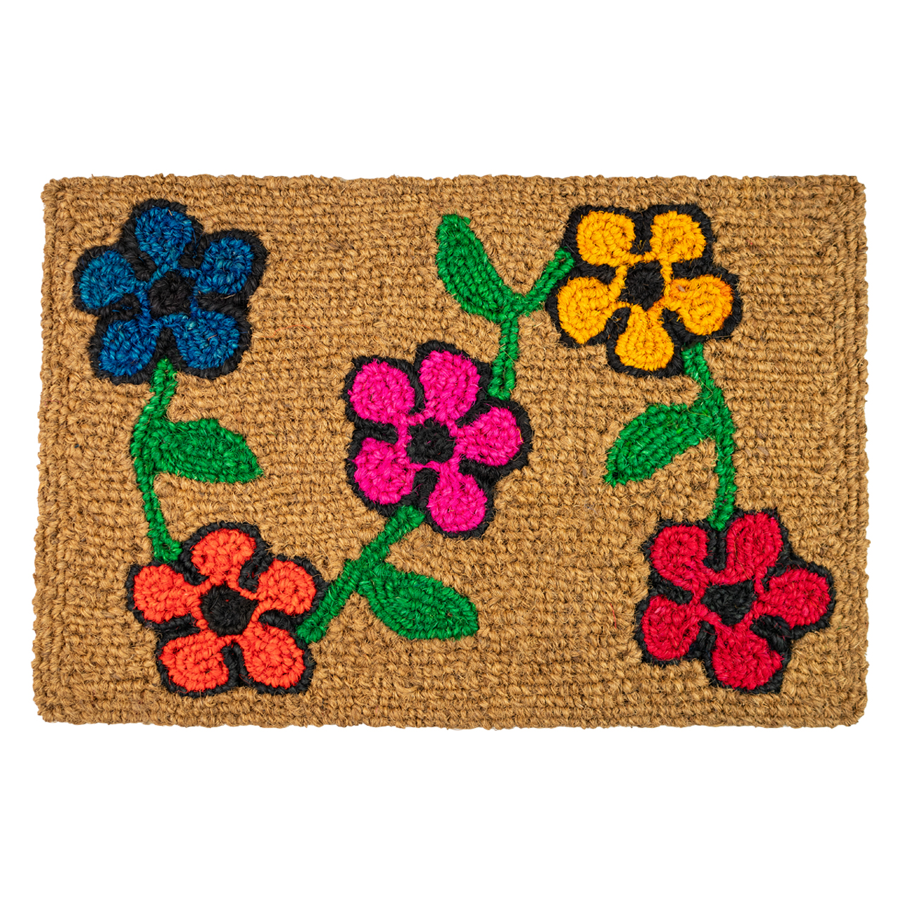 Fußmatte aus Kokos mit buntem Blumenmotiv für Haustür, Flur oder Eingangsbereich.