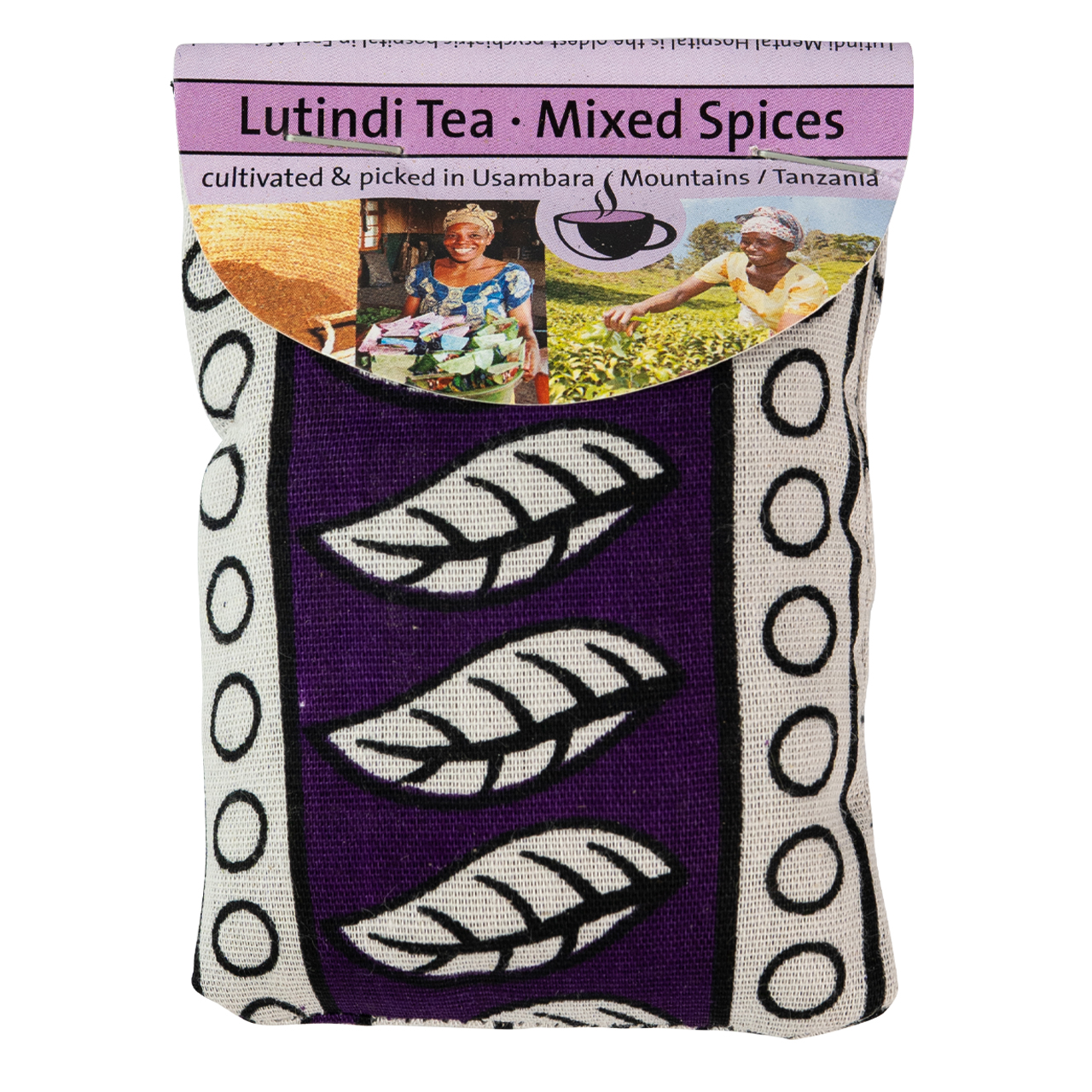 Lutindi Tee Schwarztee mit Gewürzmischung in gemusterter Stoffverpackung aus Tansania.
