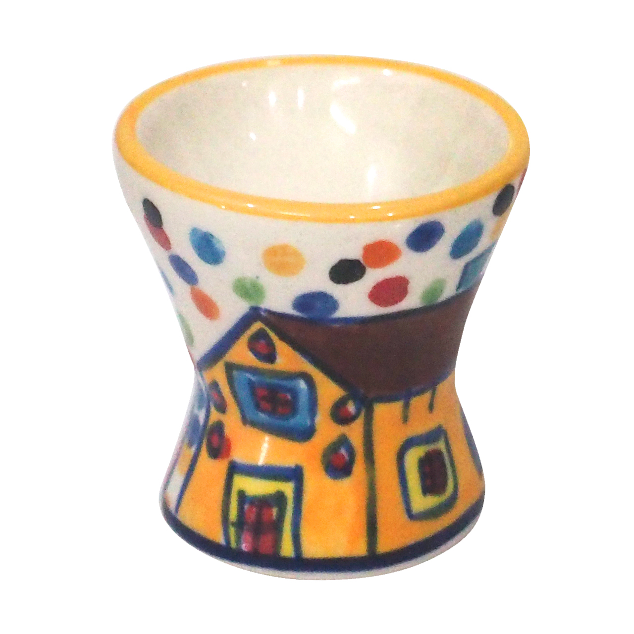 Handbemalter Eierbecher aus Keramik mit liebevoll gestalteter Dorfszene – kunstvolles Design für stilvolle Frühstücksmomente.