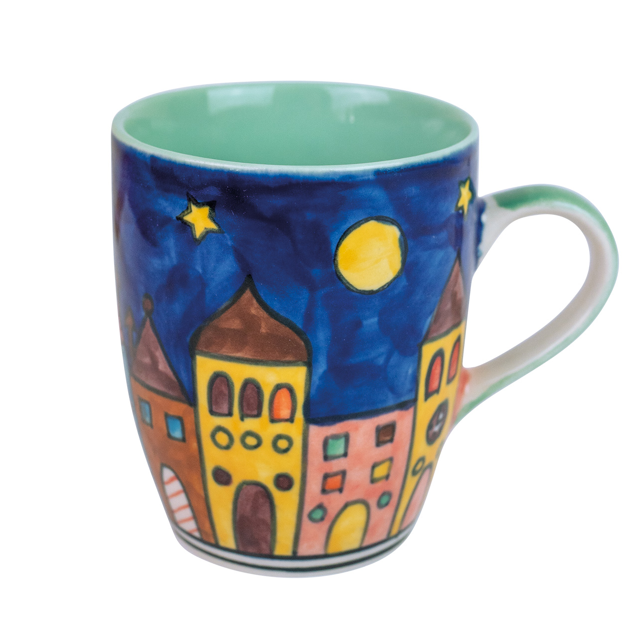 Kaffeetasse aus Keramik mit Häusermotiv, handbemalt.