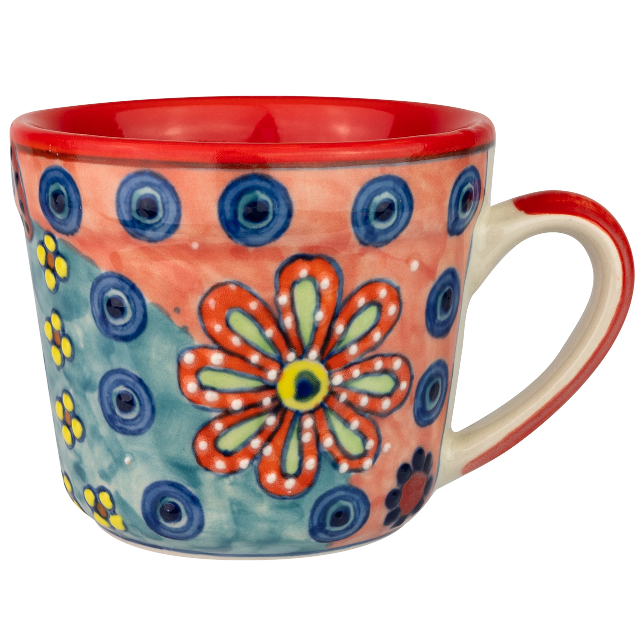 Handgefertigte Kaffeetasse aus Keramik mit floralen Mustern – ideal für stilvolle Kaffeepausen und als besonderes Geschenk.