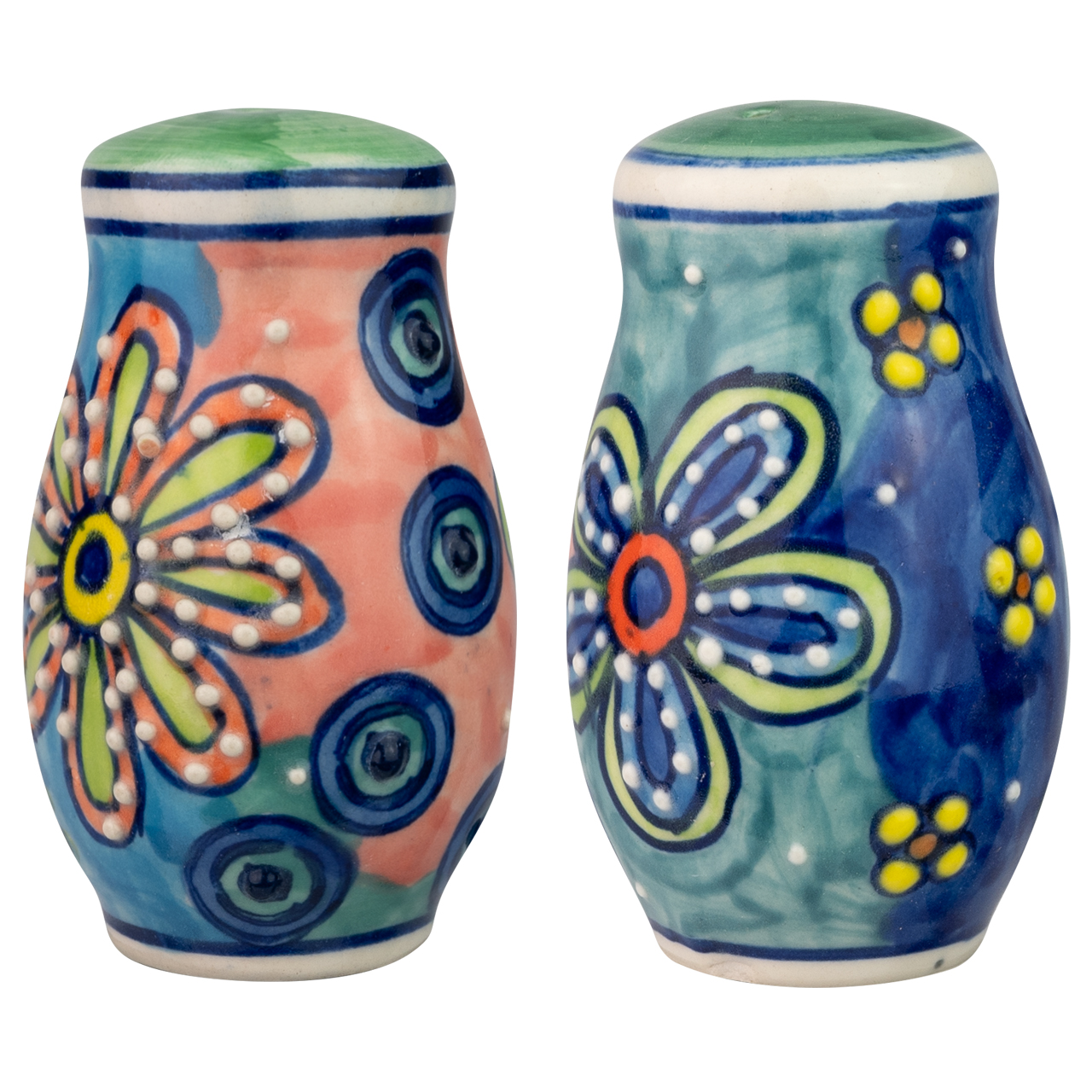 Handbemaltes Salz- und Pfefferstreuer-Set aus Keramik mit farbenfrohem Blumenmotiv – kunstvolles Design für stilvolle Tischdekoration.
