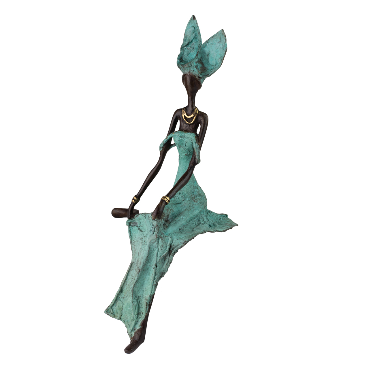 Bronze-Figur aus Burkina Faso – sitzende Frau in schönem Kleid