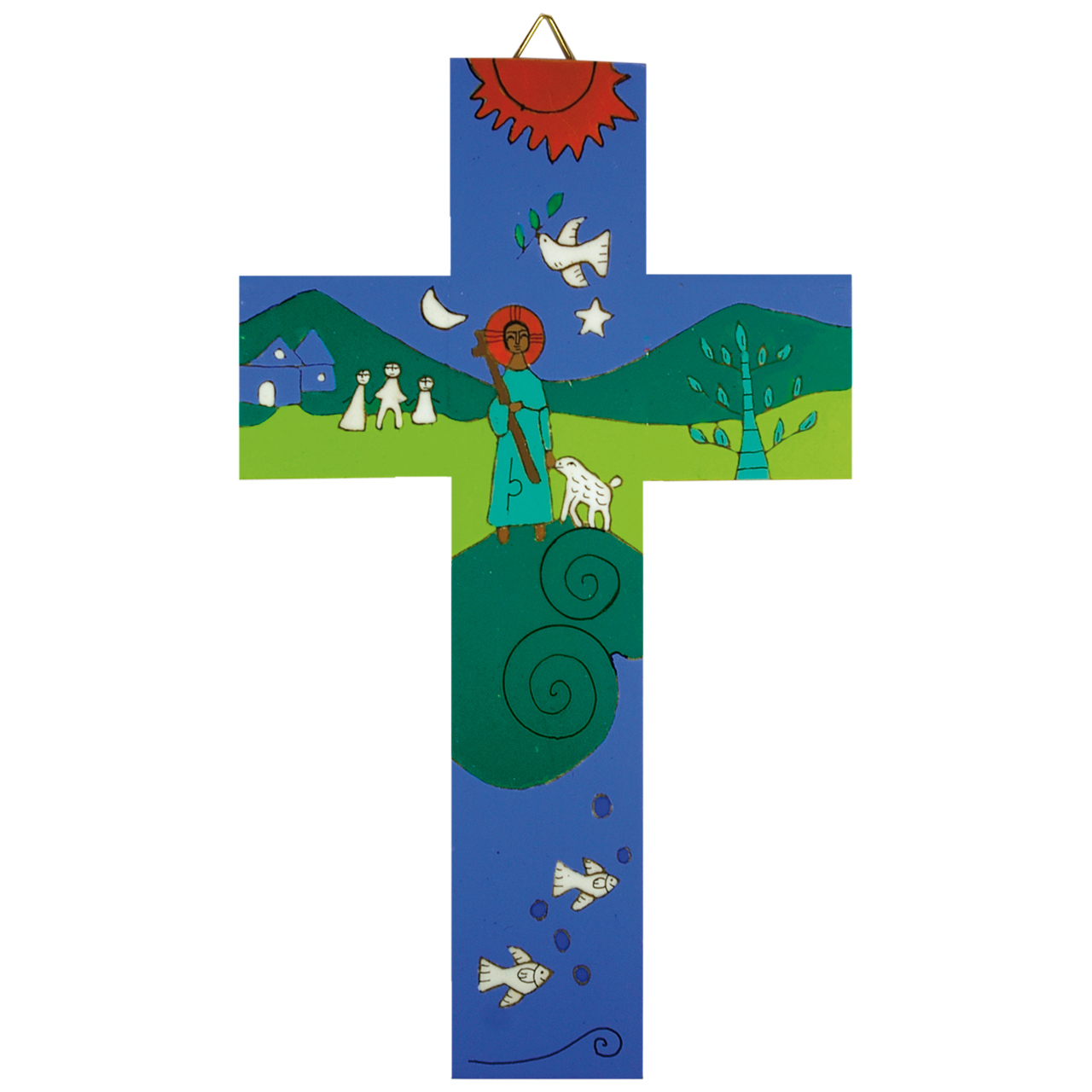 Bunt bemaltes Wandkreuz aus Holz-Guter Hirte-Motiv.
