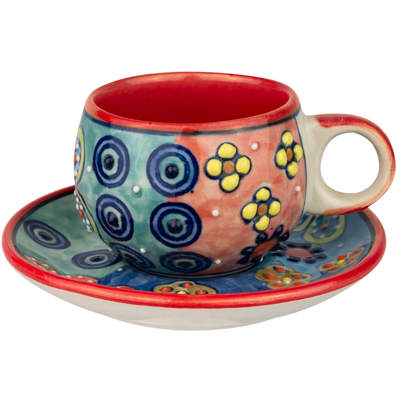 Espressotasse aus Keramik mit Blumenmotiv, handbemalt.
