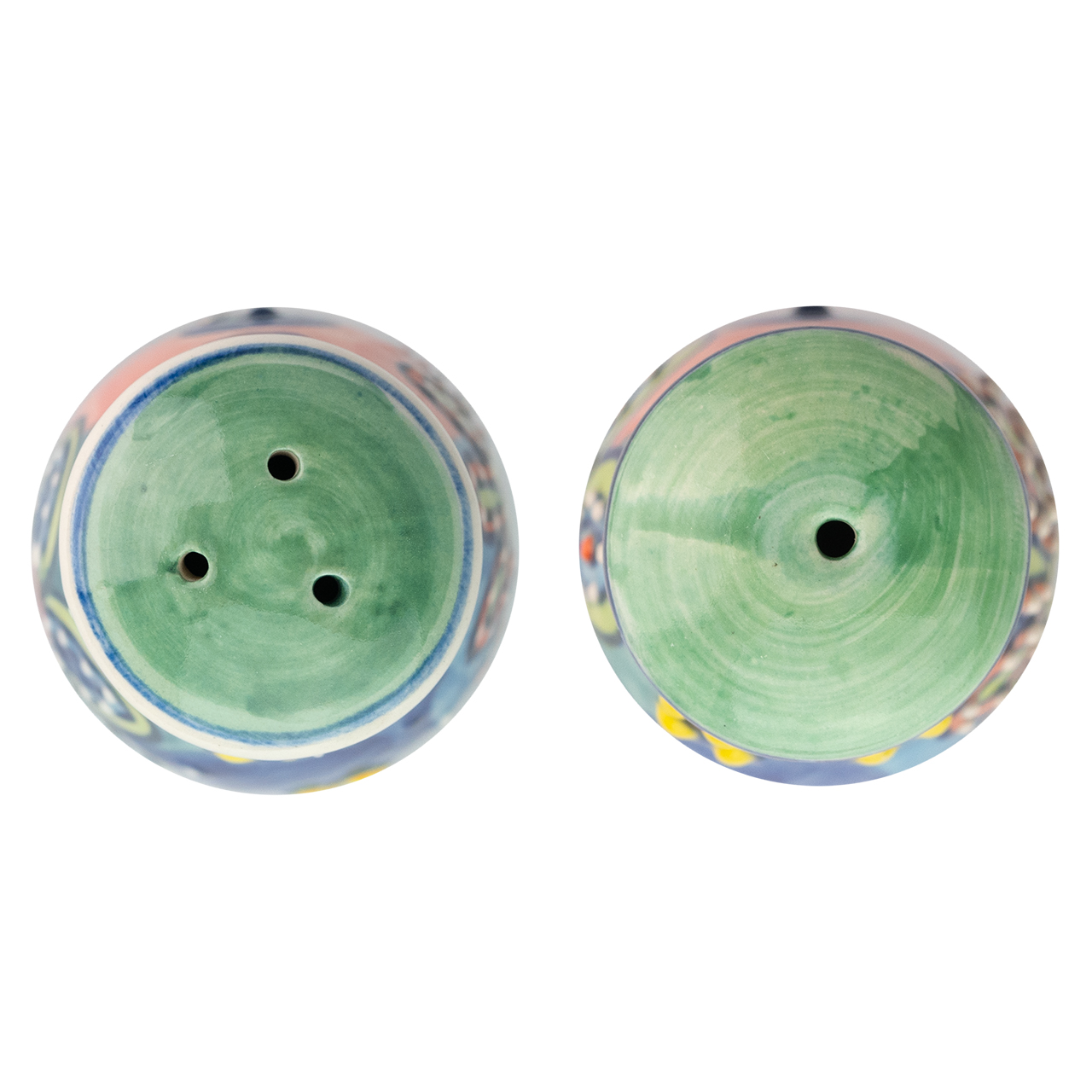 Handbemaltes Salz- und Pfefferstreuer-Set aus Keramik mit farbenfrohem Blumenmotiv – kunstvolles Design für stilvolle Tischdekoration.