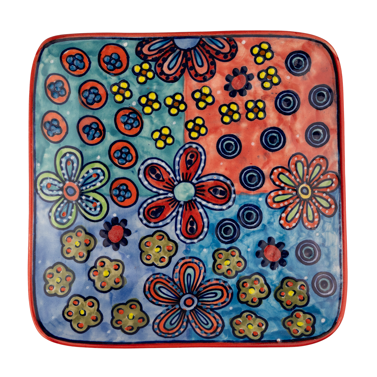 Eckiger Keramikteller aus Keramik mit Blumenmotiv, handbemalt