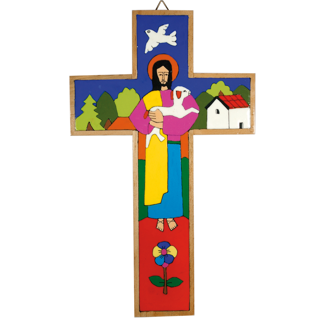 Bunt bemaltes Wandkreuz aus Holz-Guter Hirte-Motiv.