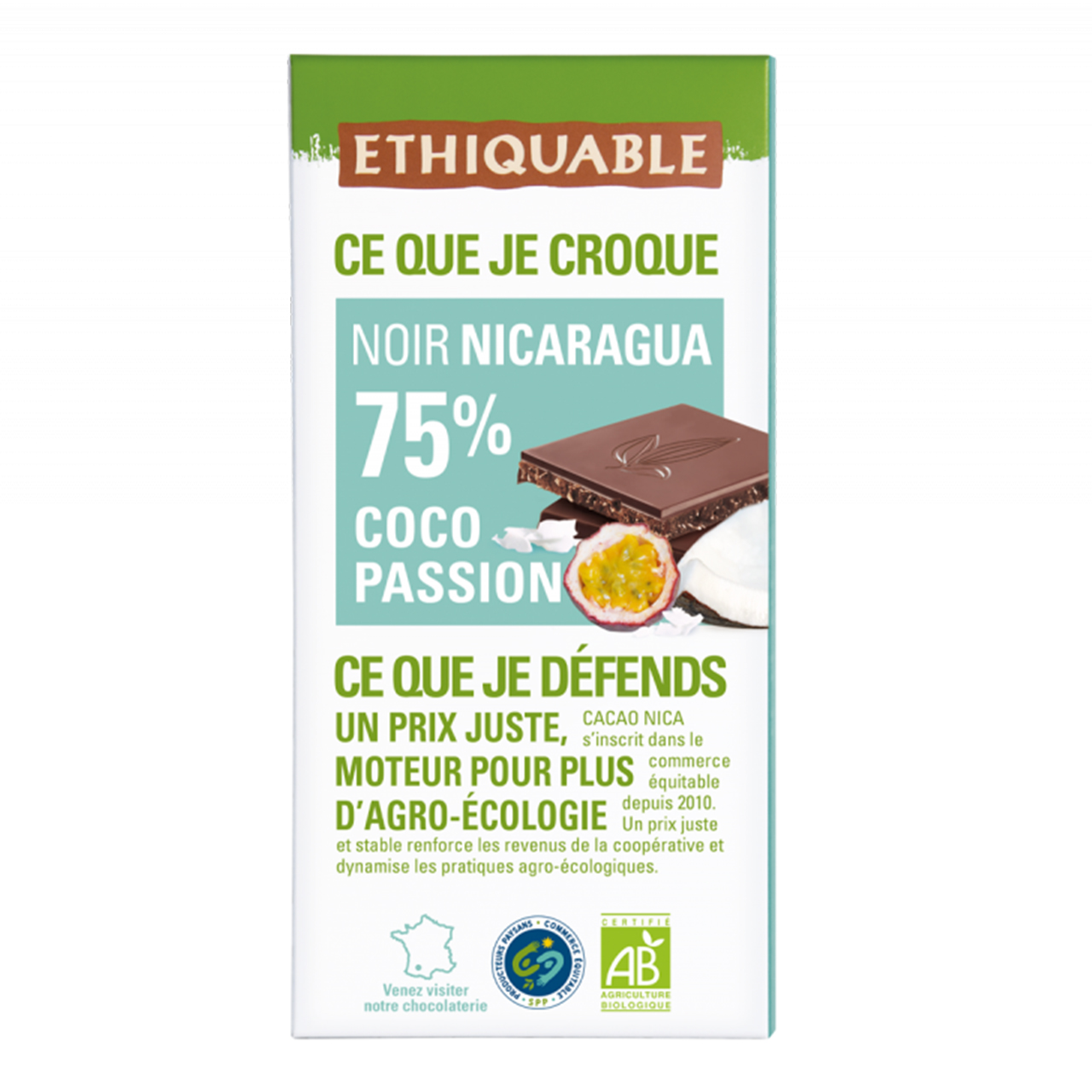 Ethiquable Bio-Schokolade mit Kokos und Maracuja – fruchtig-exotisch, vegan und fair gehandelt. Tropischer Genuss mit zarter Schokolade.