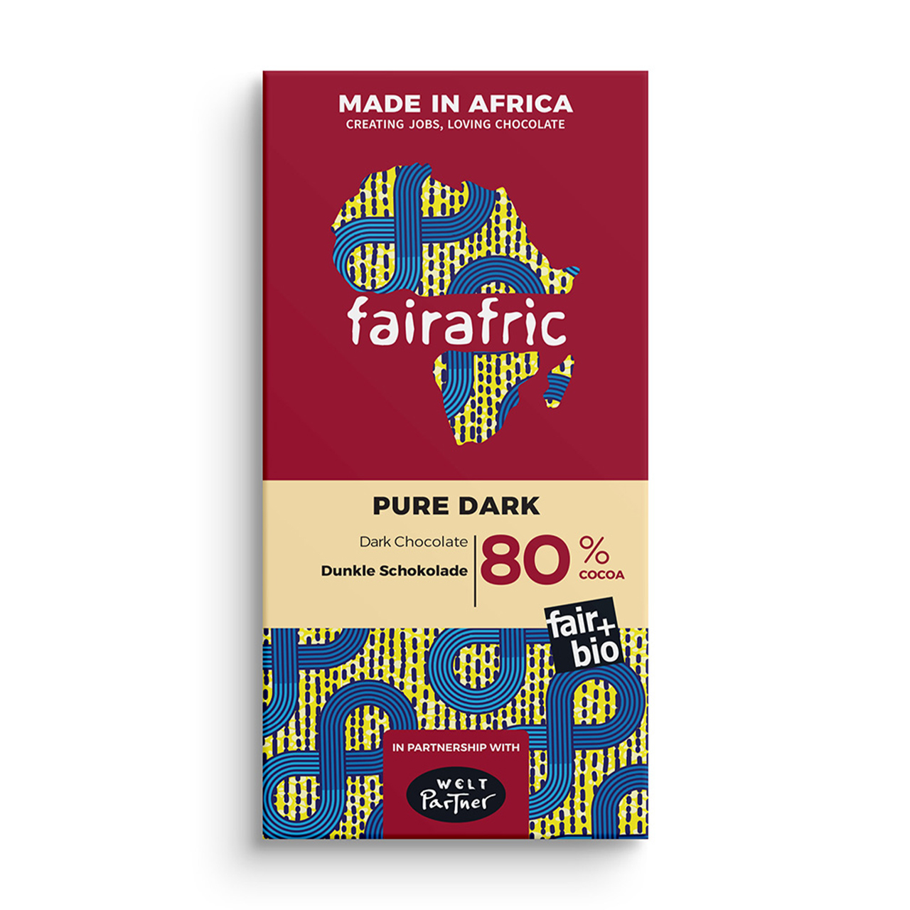 Fairafric Bio-Schokolade mit 80 % Kakao – intensiv, dunkel und aromatisch. Fair produziert in Afrika für echten Schokoladengenuss.