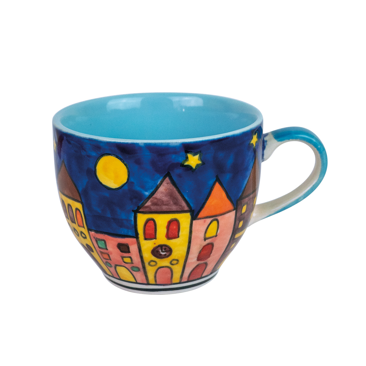 Tasse aus Keramik mit Häusermotiv, handbemalt.