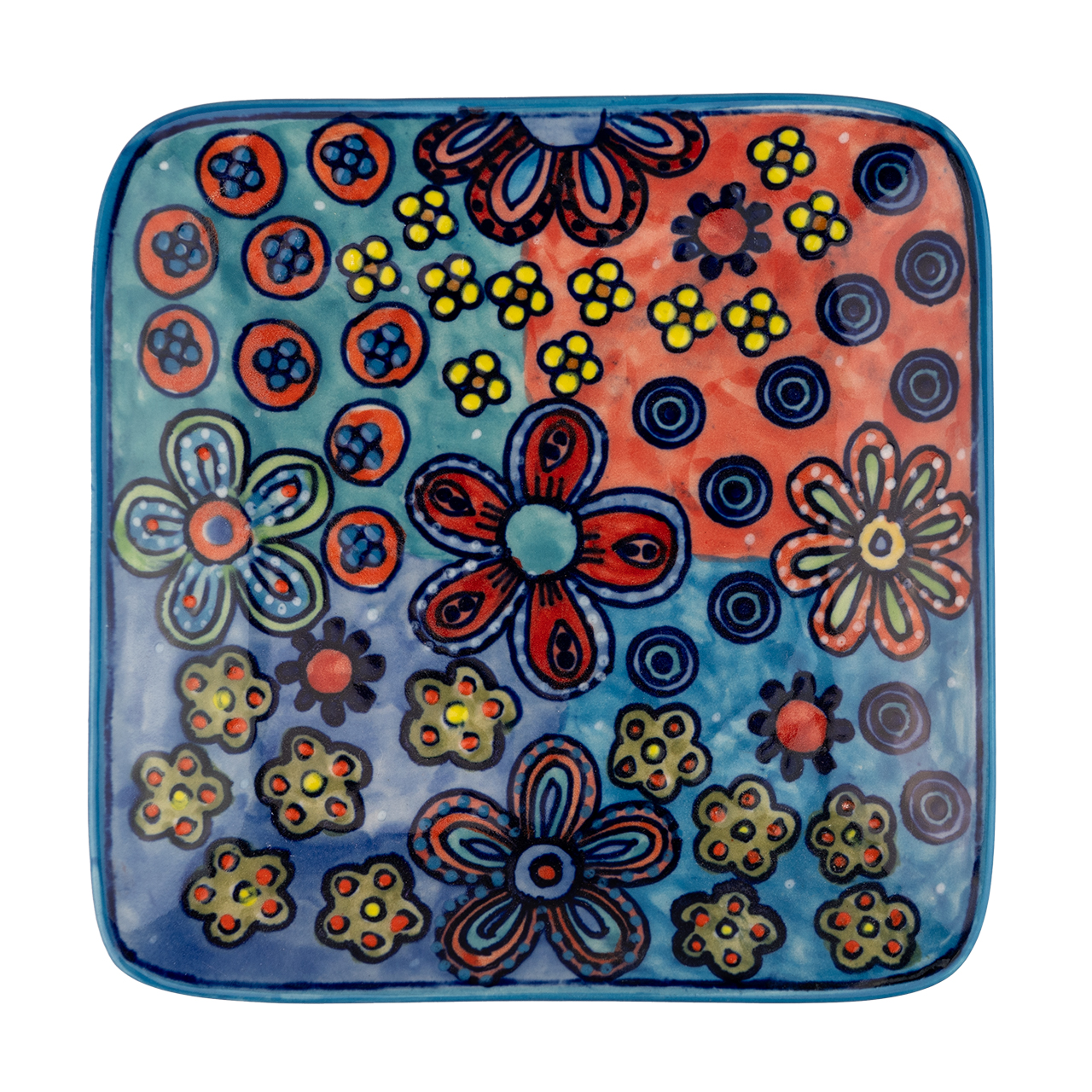 Eckiger Keramikteller aus Keramik mit Blumenmotiv, handbemalt