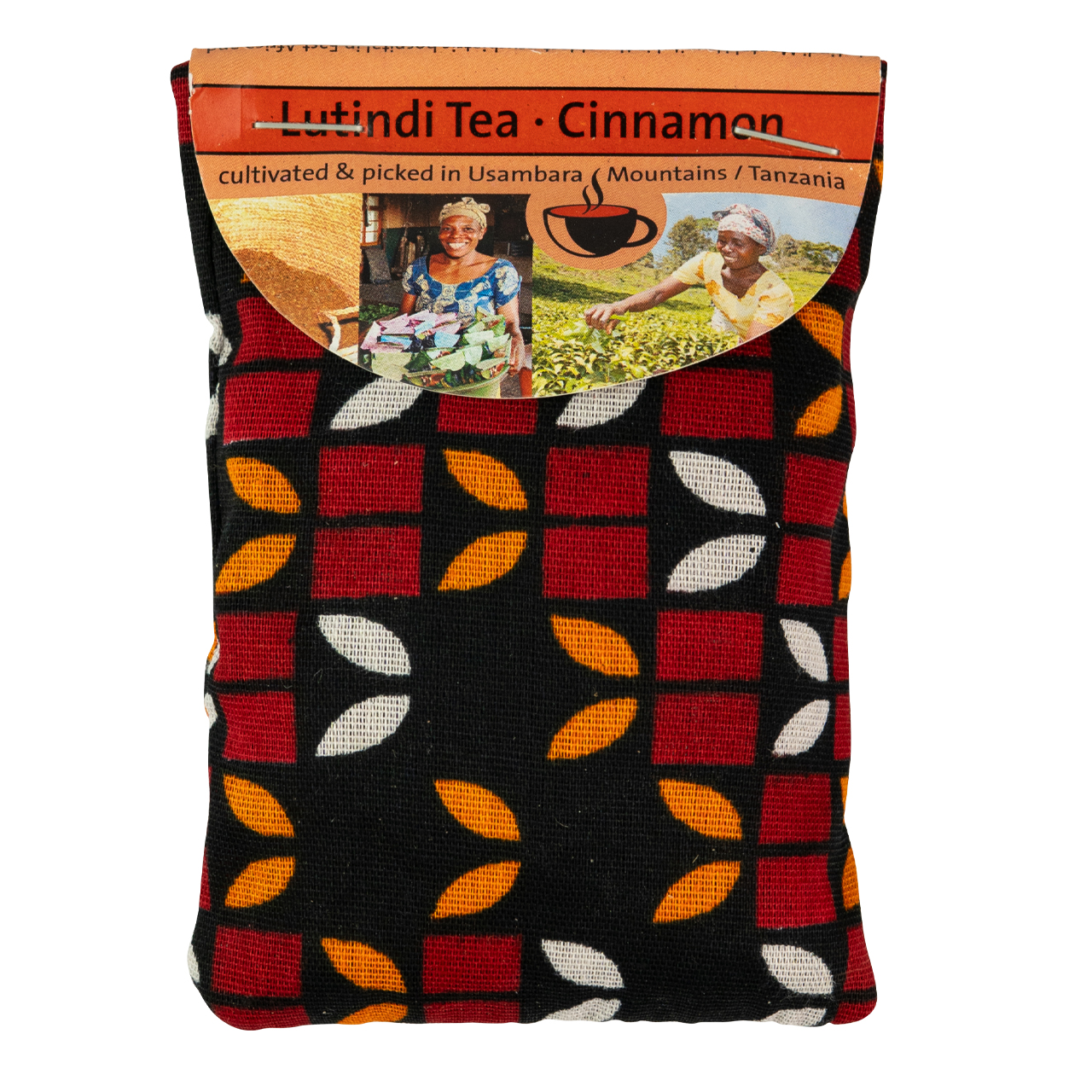 Lutindi Tee Schwarztee mit Zimt in gemusterter Stoffverpackung aus Tansania.