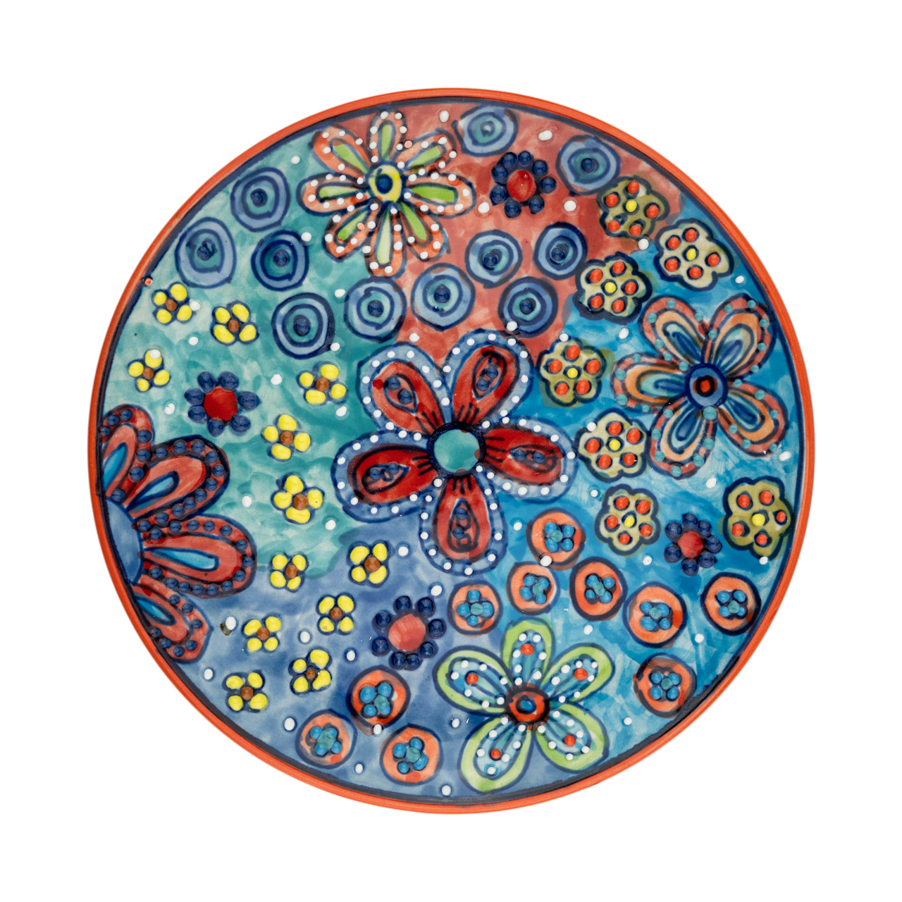 Handbemalter Keramikteller mit farbenfrohem Blumenmotiv – kunstvolles Design für stilvolle Tischdekoration.