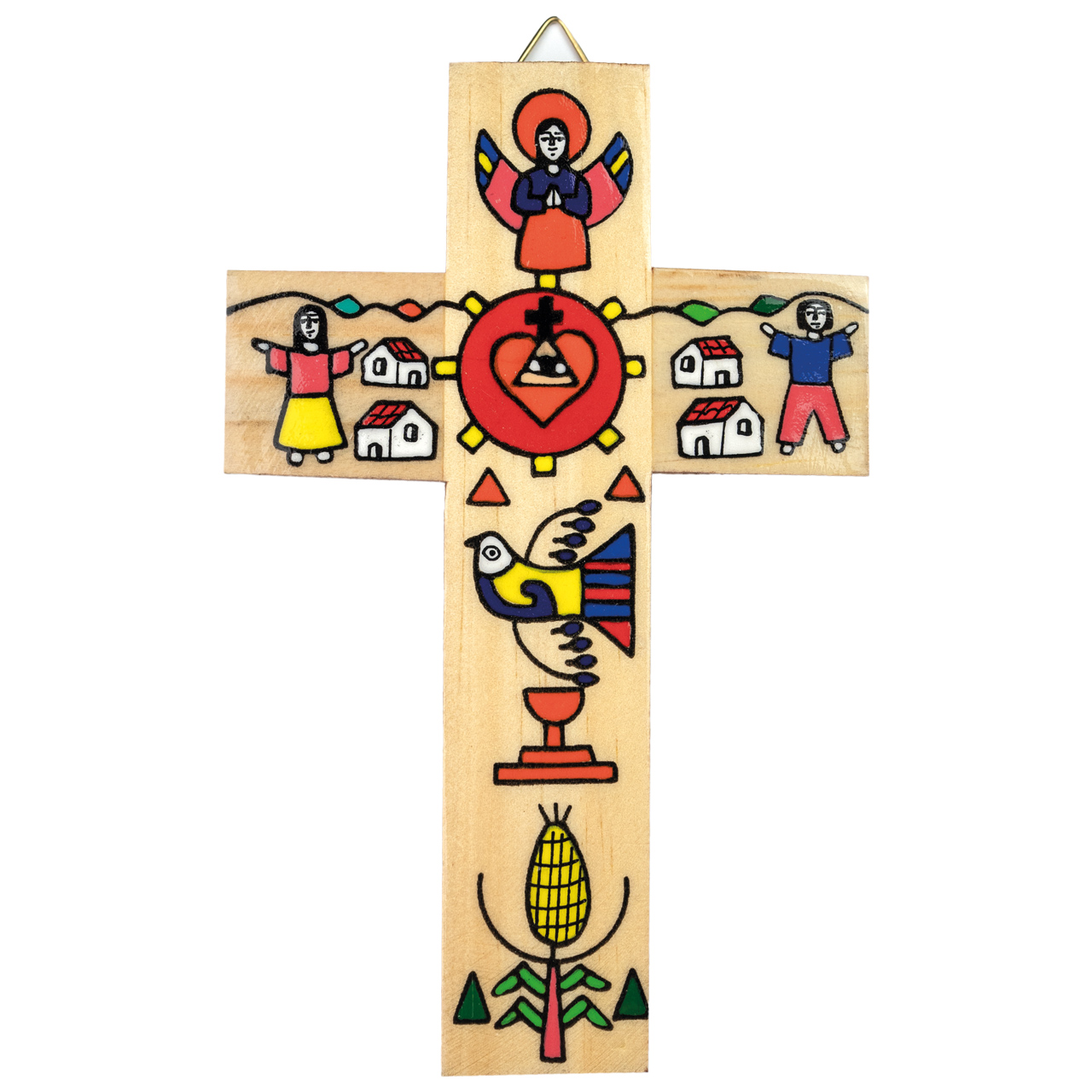 Bunt bemaltes Wandkreuz aus Holz mit Engel