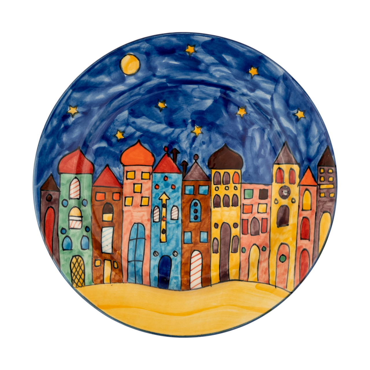 Handbemalter Keramikteller mit weihnachtlicher Dorfszene – festliches Design für stilvolle Tischdekoration in der Adventszeit.