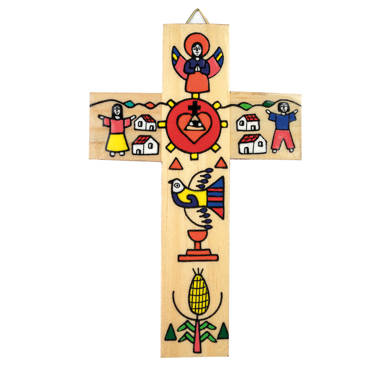 Bunt bemaltes Wandkreuz aus Holz - Traditionell mit Engel