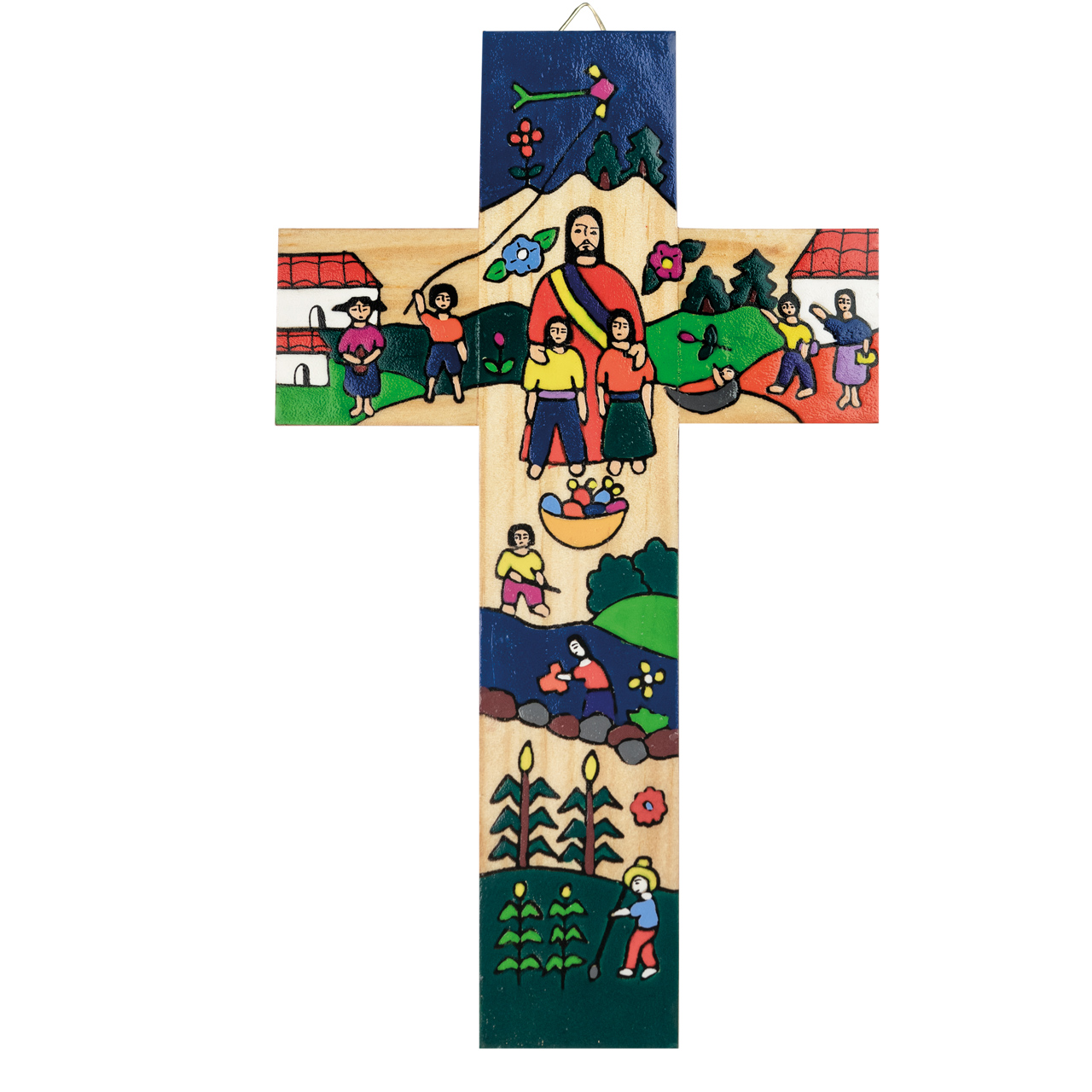 Bunt bemaltes Wandkreuz aus Holz - Jesus und Kinder