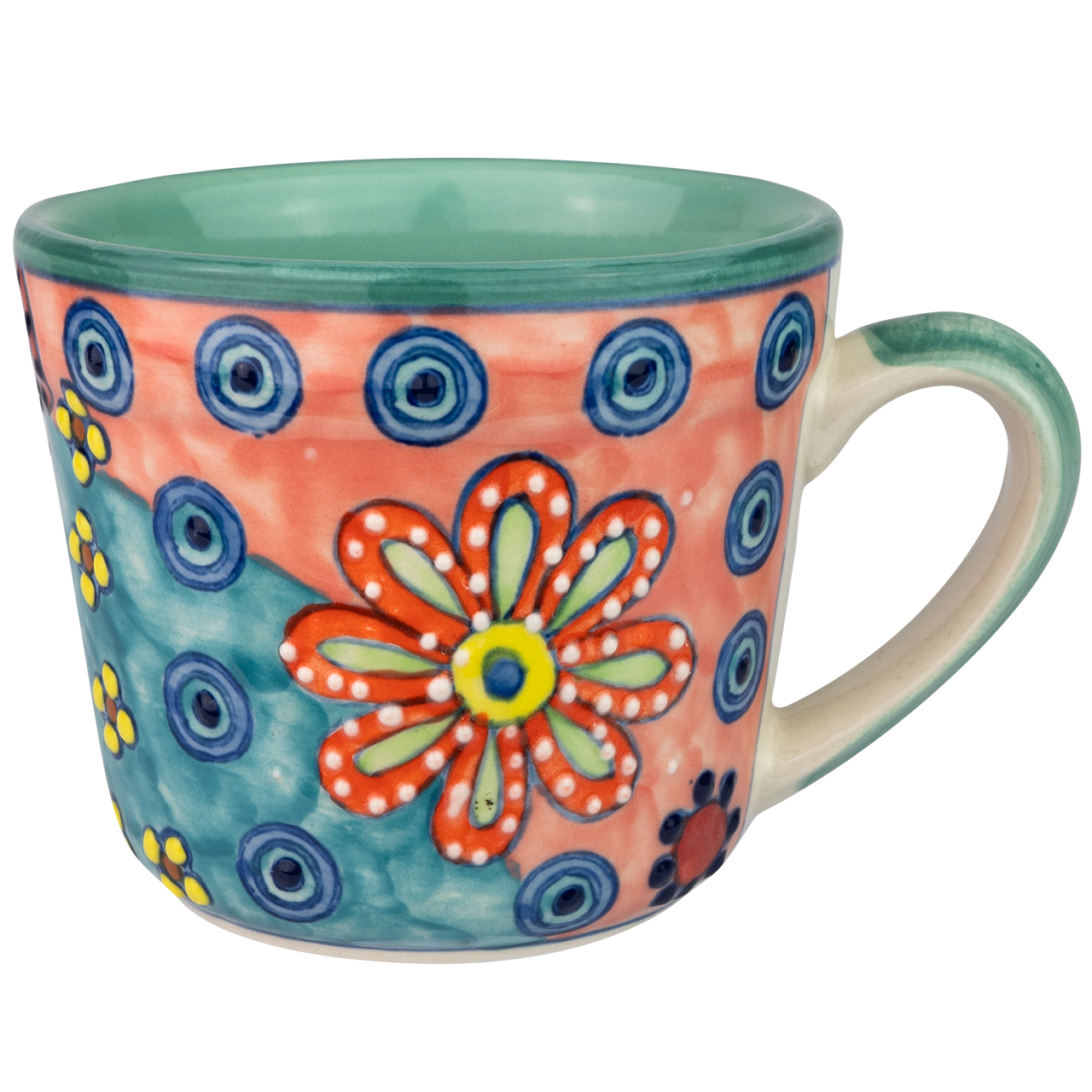 Tasse aus Keramik mit Blumenmotiv, handbemalt.