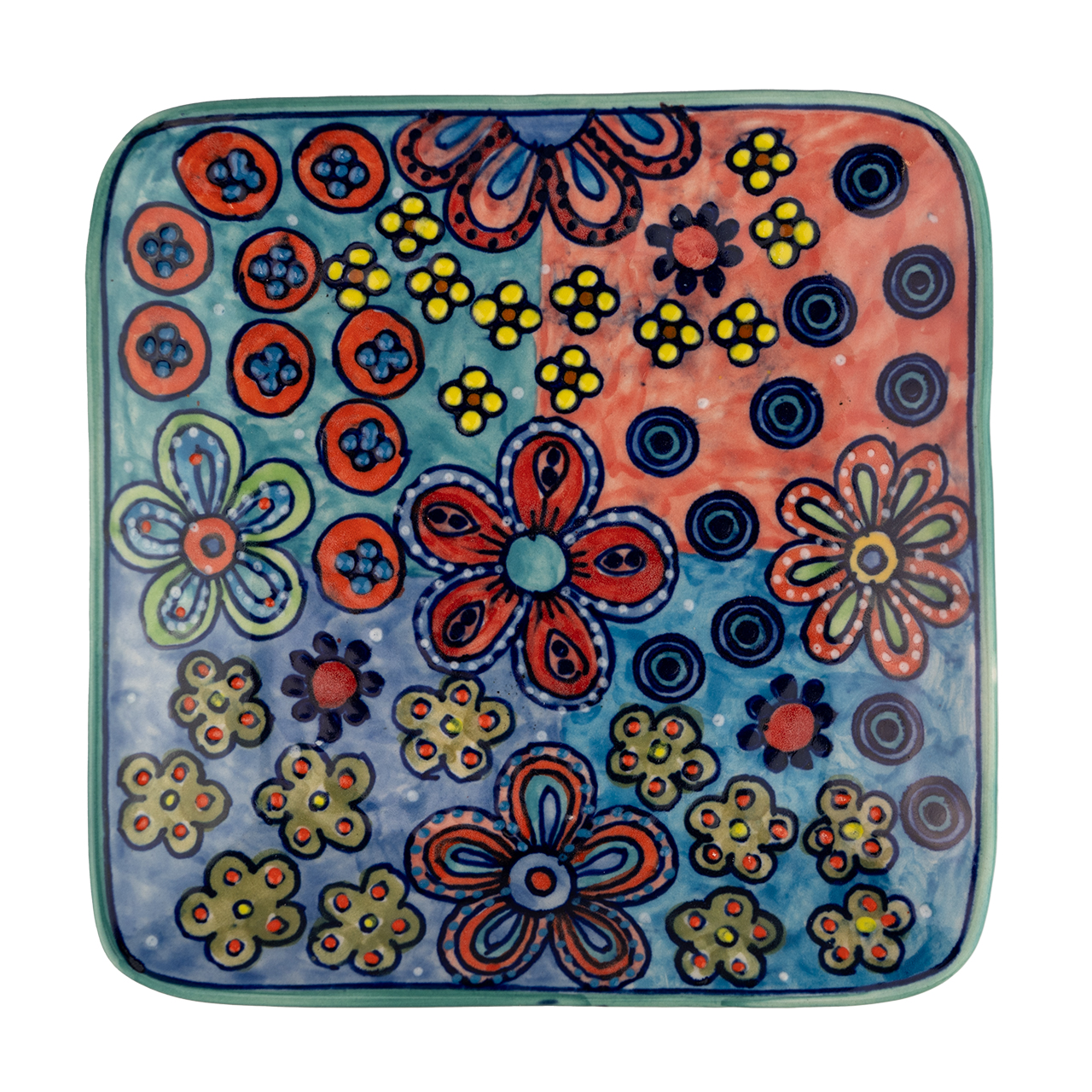 Eckiger Keramikteller aus Keramik mit Blumenmotiv, handbemalt