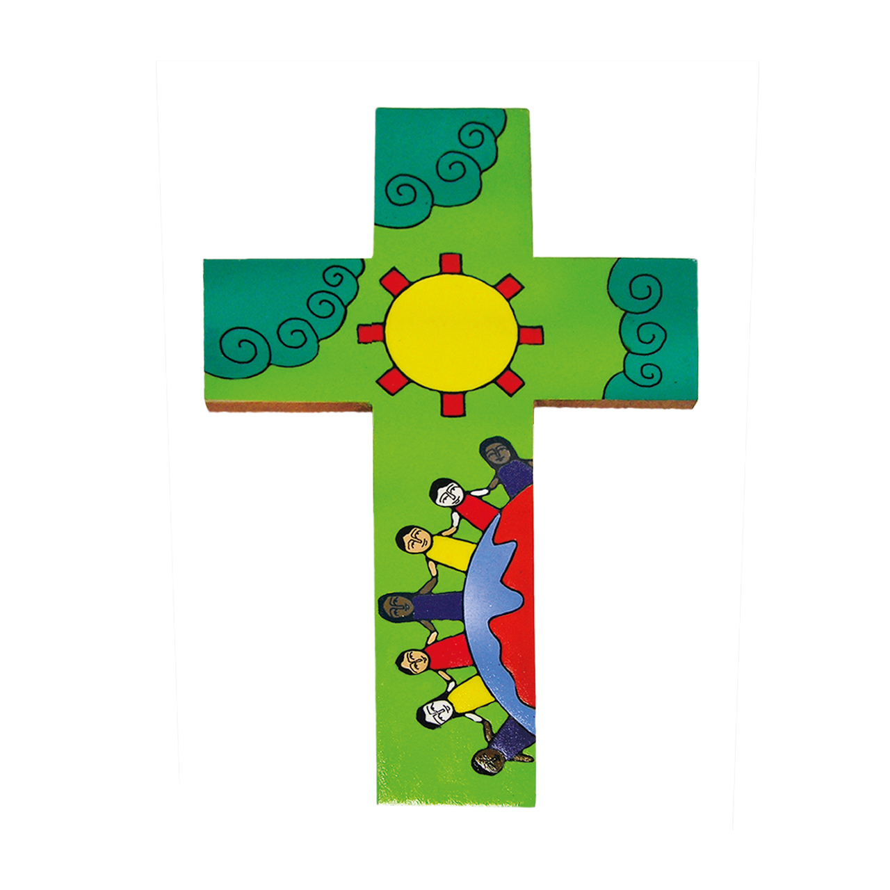 Bunt bemaltes Wandkreuz aus Holz mit Sonnen-Motiv.