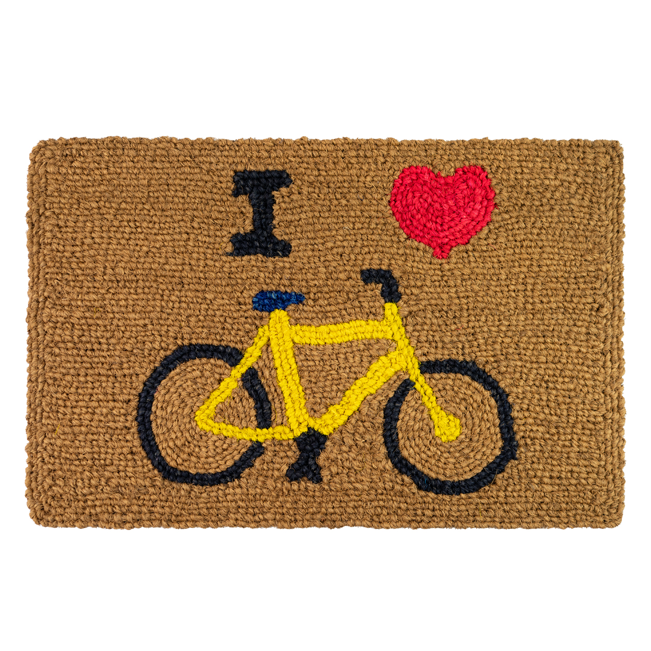 Fußmatte aus Kokos mit gelbem Fahrradmotiv für Haustür, Flur oder Eingangsbereich.