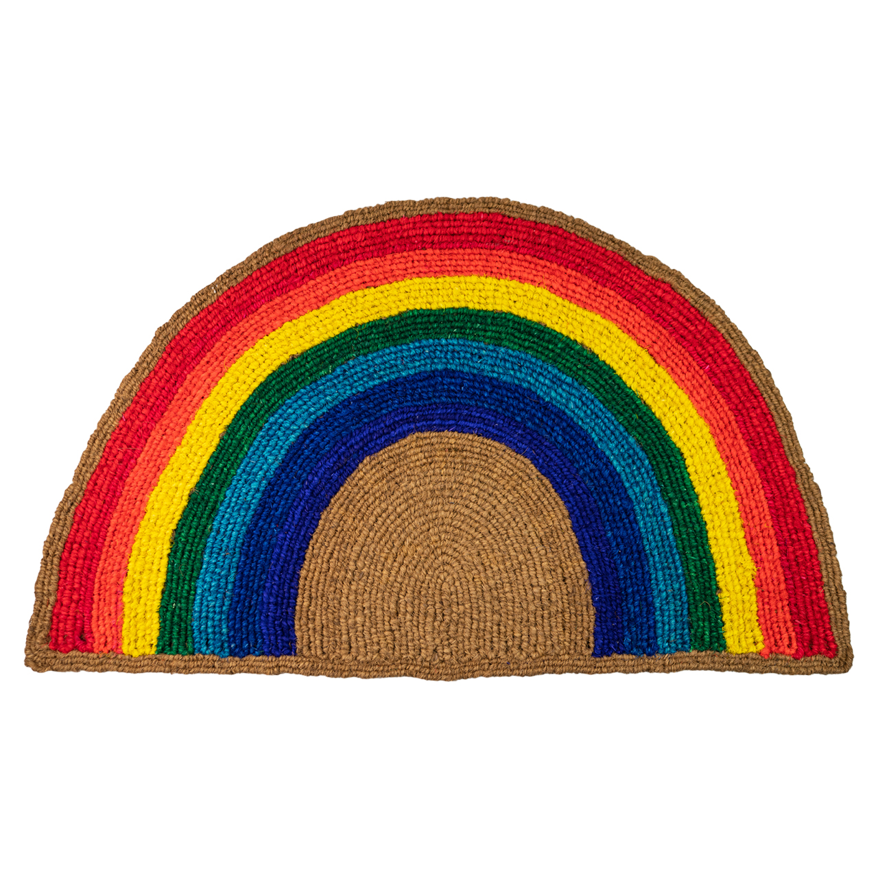 Fußmatte halbrund aus Kokos mit buntem Regenbogenmotiv für Haustür, Flur oder Eingangsbereich.
