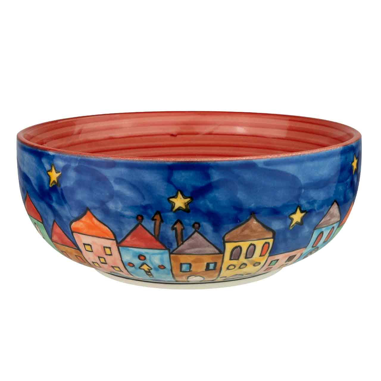 Handbemalte Salatschale aus Keramik mit weihnachtlicher Dorfszene – festliches Design für stilvolle Tischdekoration in der Adventszeit.