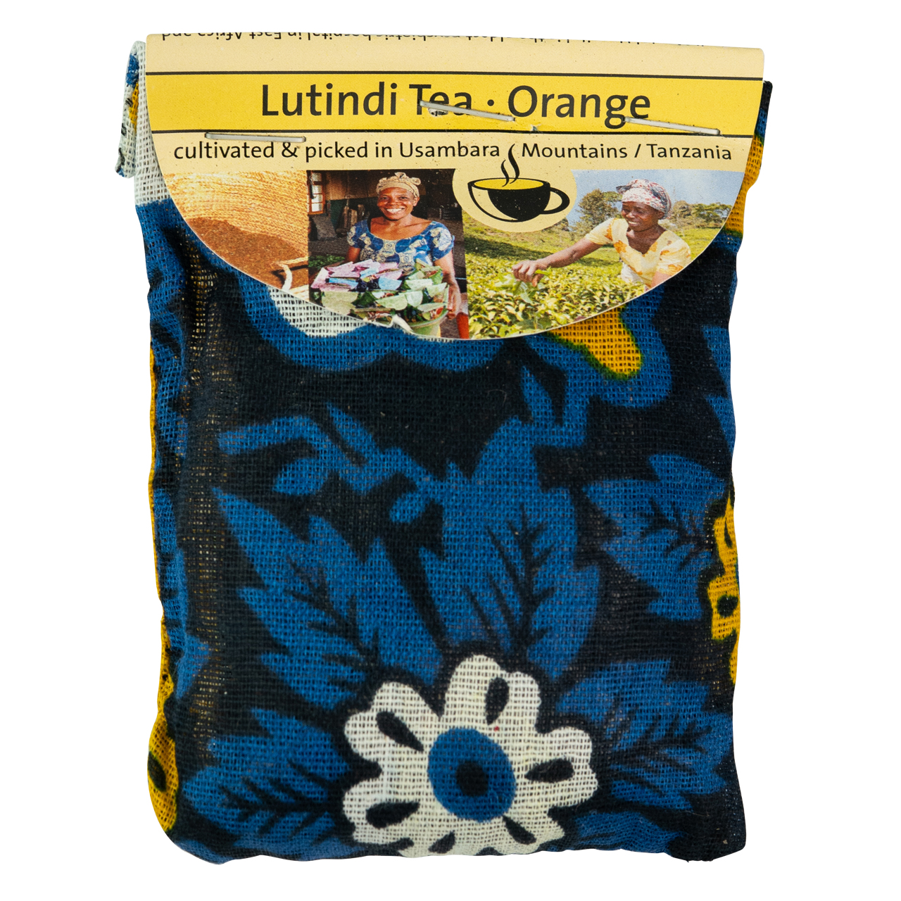 Lutindi Tee Schwarztee mit Orange in gemusterter Stoffverpackung aus Tansania.