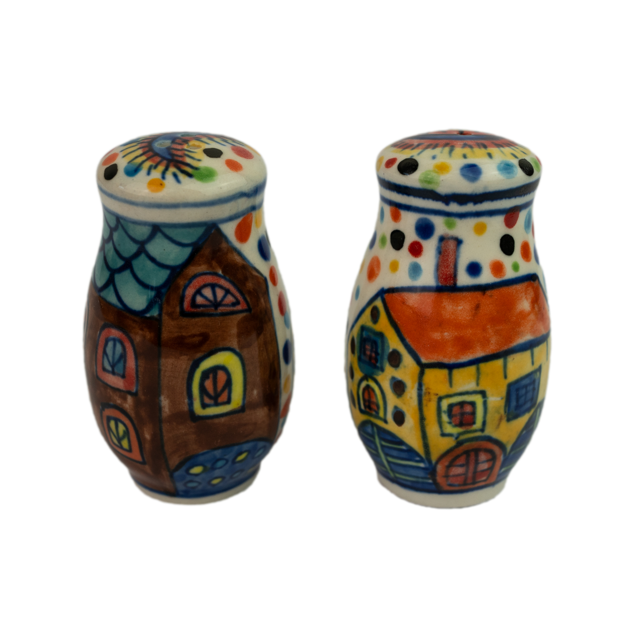 Handbemaltes Salz- und Pfefferstreuer-Set aus Keramik mit liebevoll gestalteter Dorfszene – kunstvolles Design für stilvolle Tischdekoration.