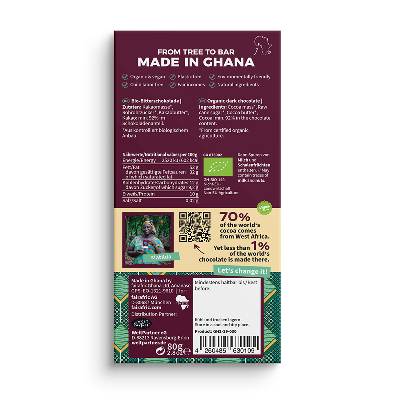 Fairafric Bio-Schokolade mit 92 % Kakao – extra dunkel, intensiv und pur. Für echte Kakao-Liebhaber – direkt in Afrika fair produziert.