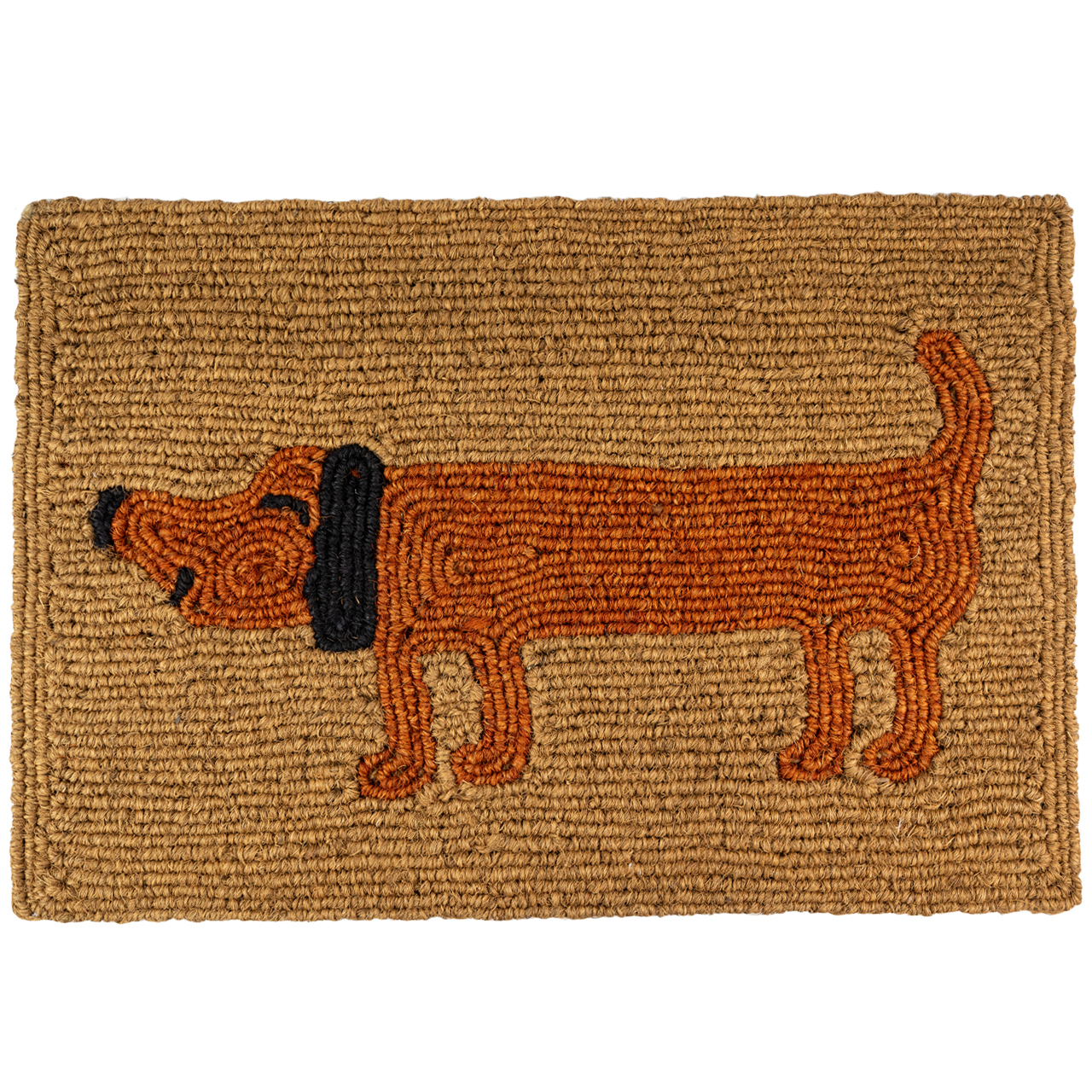 Nachhaltige Fußmatte aus Kokos mit Dackel-Motiv, handgefertigt und fair gehandelt