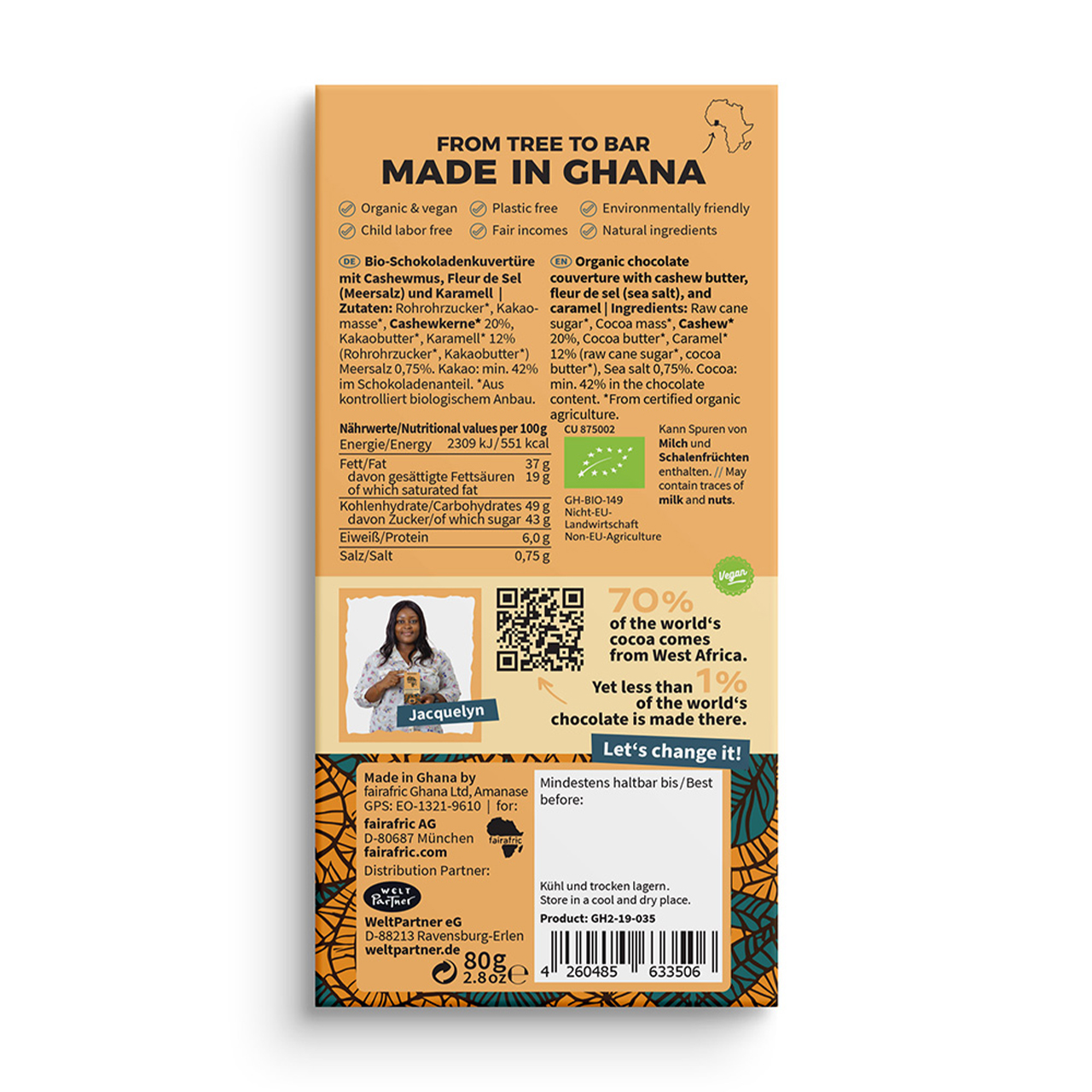 Fairafric Bio-Schokolade mit Fleur de Sel und Karamell – süß-salzige Komposition mit feinem Crunch. Fair produziert in Afrika, bio & vegan.