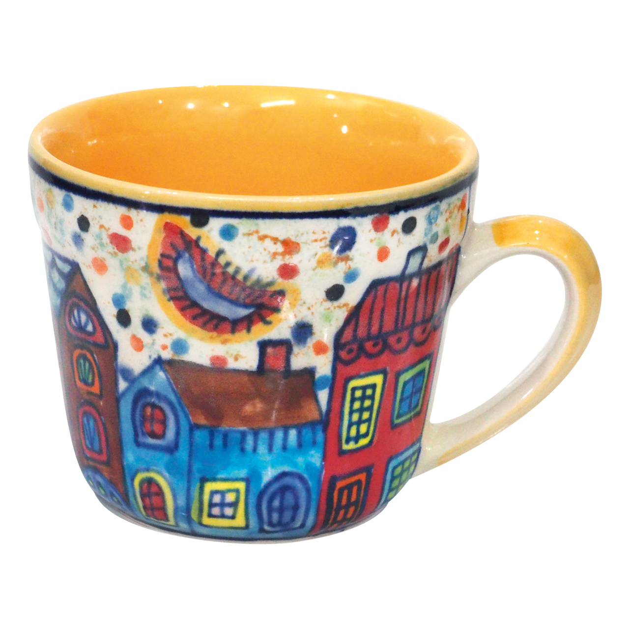 Tasse aus Keramik mit Häusermotiv, handbemalt.