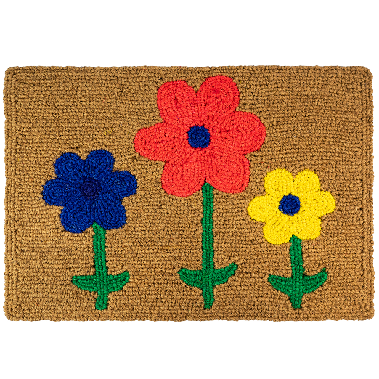 Nachhaltige, halbrunde Fußmatte aus Kokos mit Blumen-Motiv, handgefertigt und fair gehandelt