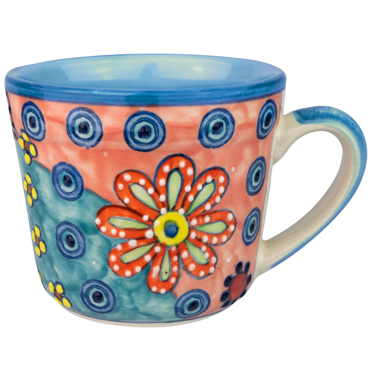 Handgefertigte Kaffeetasse aus Keramik mit floralen Mustern – ideal für stilvolle Kaffeepausen und als besonderes Geschenk.