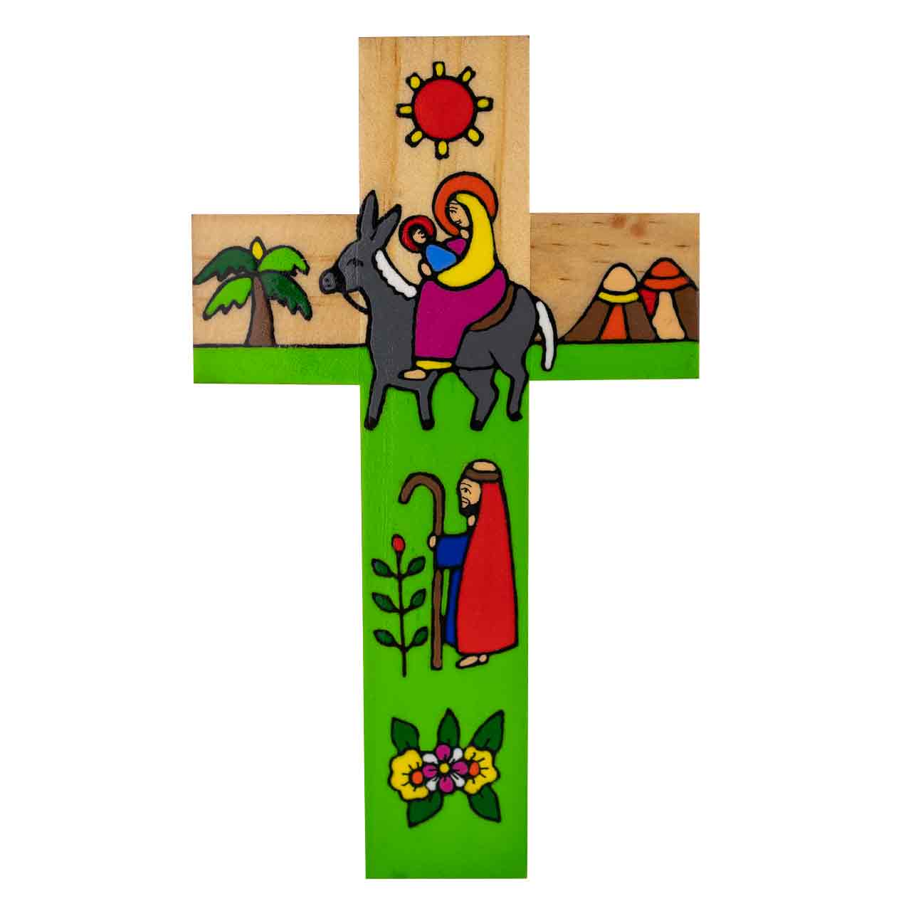 Bunt bemaltes Wandkreuz aus Holz - Flucht nach Ägypten