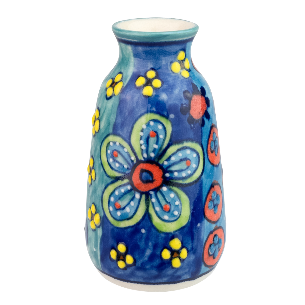 Kleine, handbemalte Keramikvase mit farbenfrohem Blumenmotiv – kunstvolles Design für stilvolle Tischdekoration.