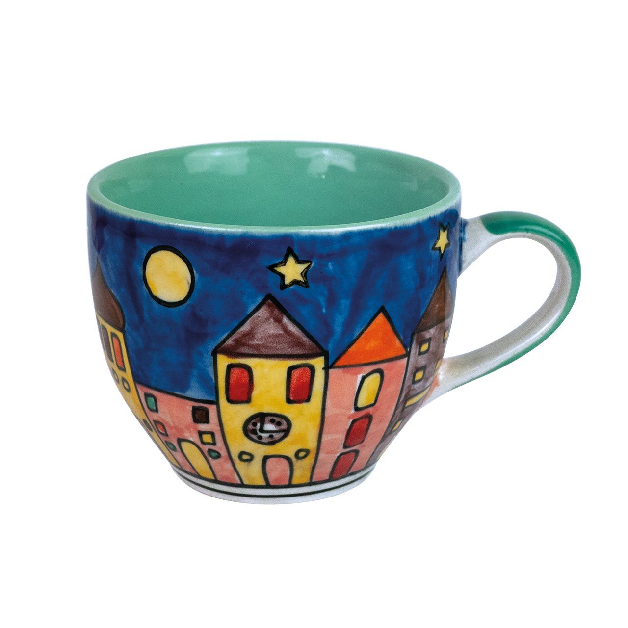 Tasse aus Keramik mit Häusermotiv, handbemalt.