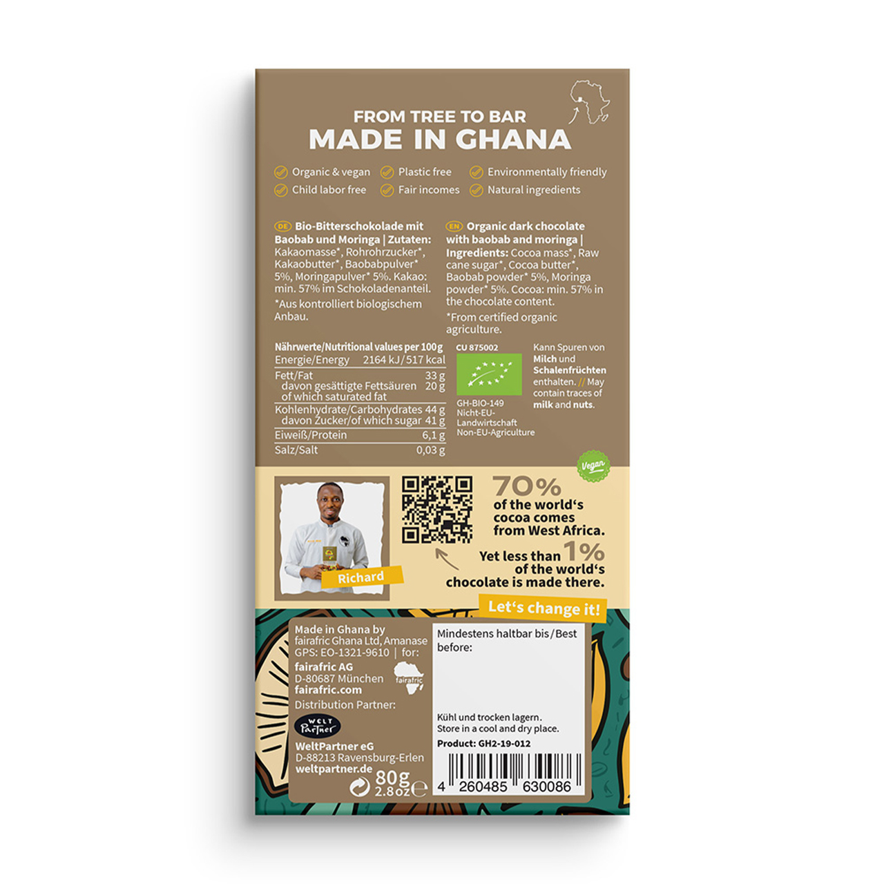 Fairafric Bio-Schokolade mit Baobab und Moringa – fruchtig-frisch mit Superfood-Power. Direkt in Afrika produziert – fair, vegan und bio.