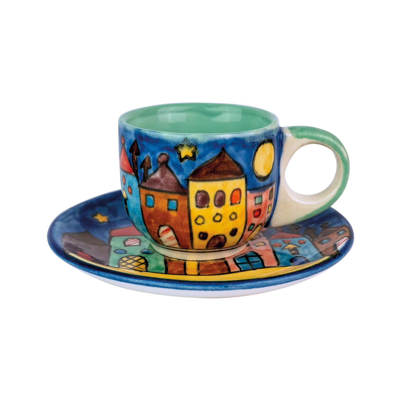 Handbemalte Espressotasse aus Keramik mit weihnachtlicher Dorfszene – festliches Design für gemütliche Kaffeepausen in der Adventszeit.