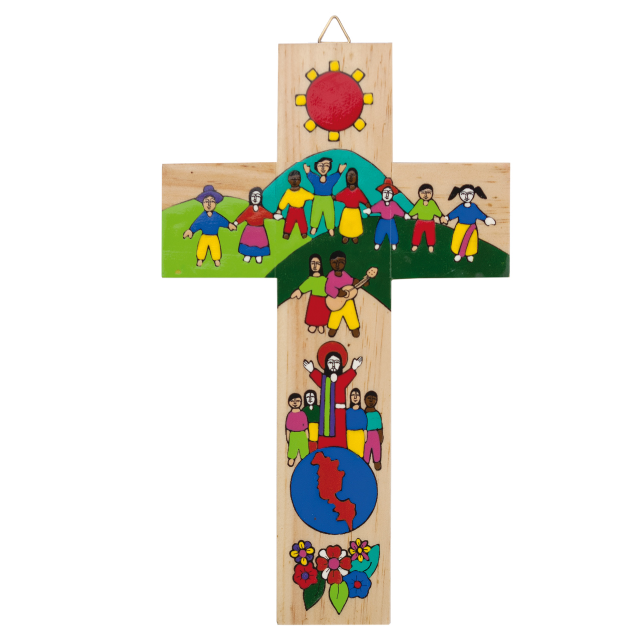 Bunt bemaltes Wandkreuz aus Holz mit Jesus mit Kinder der Welt-Motiv.