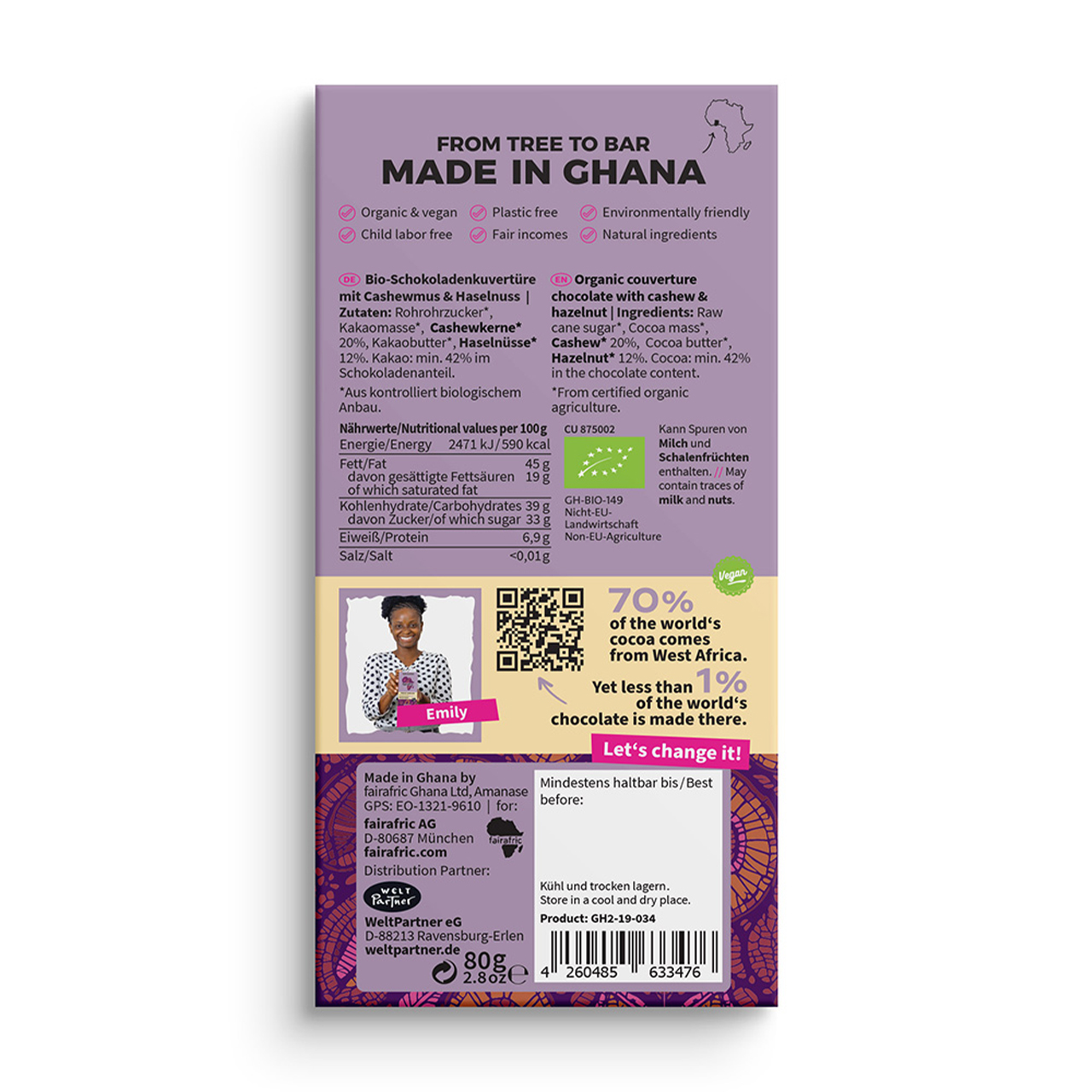 Fairafric Bio-Schokolade Creamy Hazelnut – zartschmelzende Schokolade mit feiner Haselnusscreme. Vegan, fair und direkt in Afrika produziert.