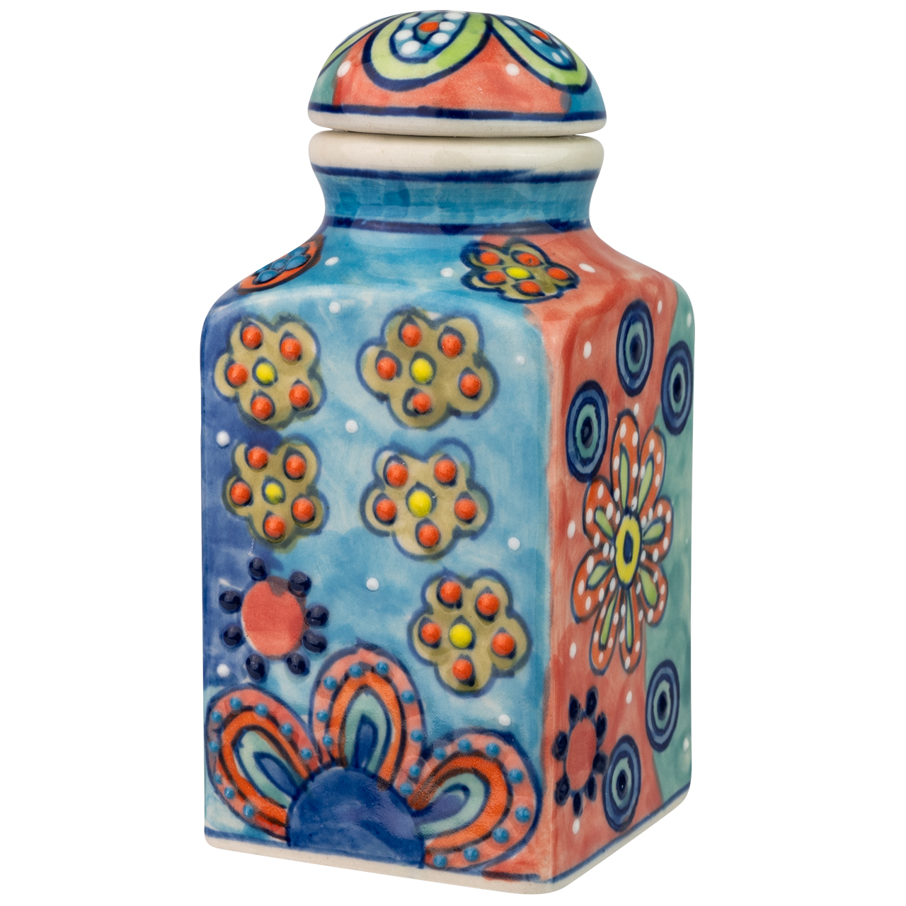 Gewürzfläschchen aus Keramik mit Blumenmotiv, handbemalt.