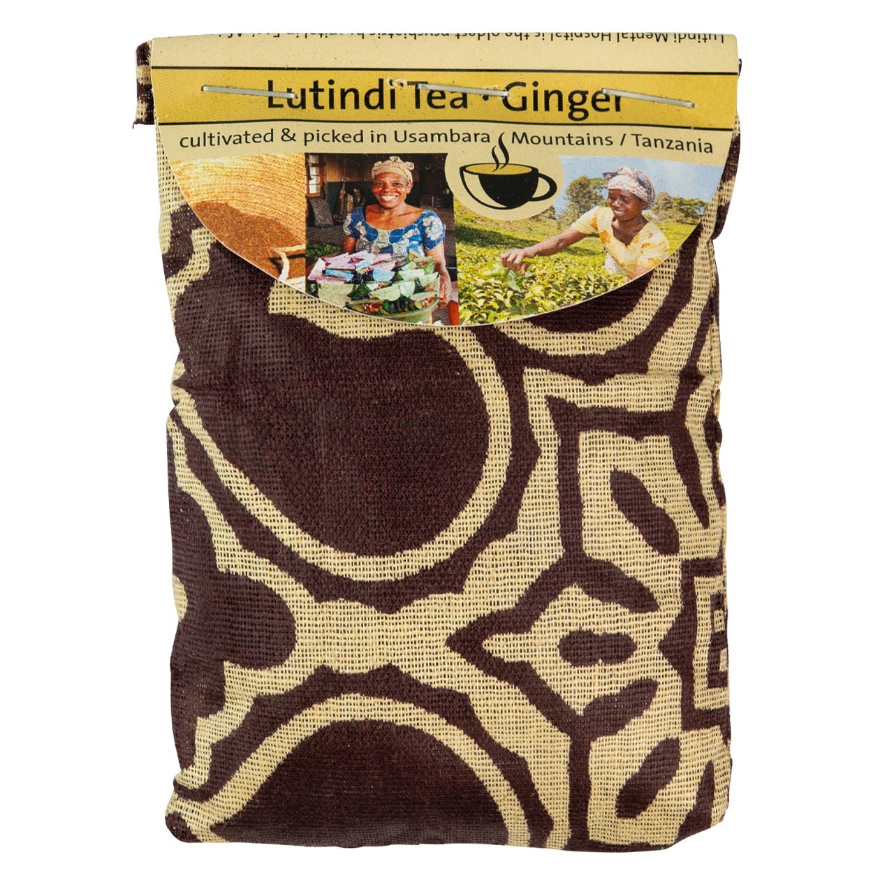 Lutindi Tee Schwarztee mit Ingwer in gemusterter Stoffverpackung aus Tansania.