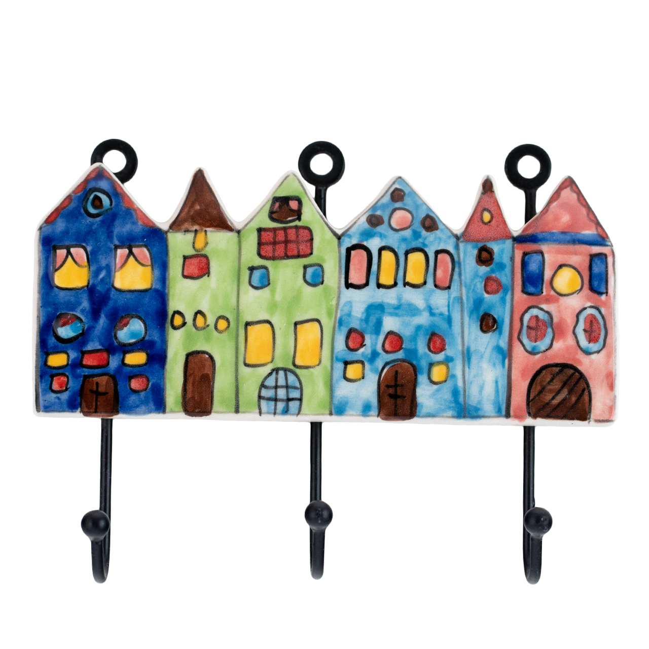 Handbemalte Keramik-Garderobenhaken in Form von bunten Häusern – ideal für Flur oder Kinderzimmer.