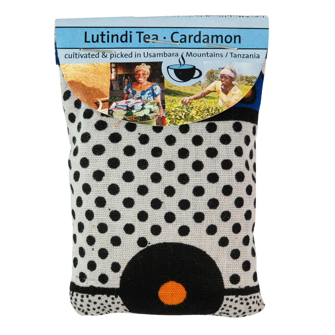 Lutindi Tee Schwarztee mit Kardamon in gemusterter Stoffverpackung aus Tansania.