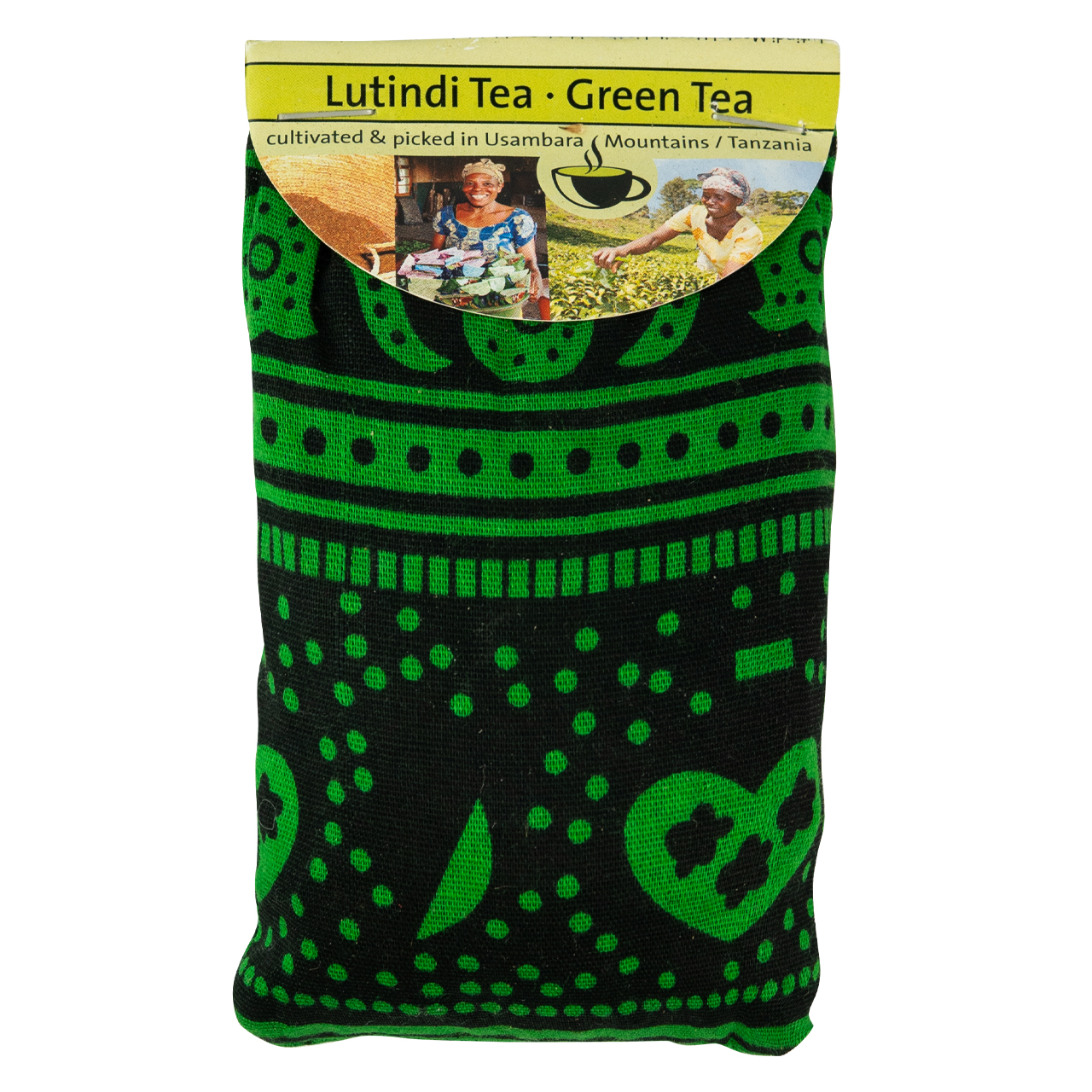 Lutindi Tee Grüntee in gemusterter Stoffverpackung aus Tansania.