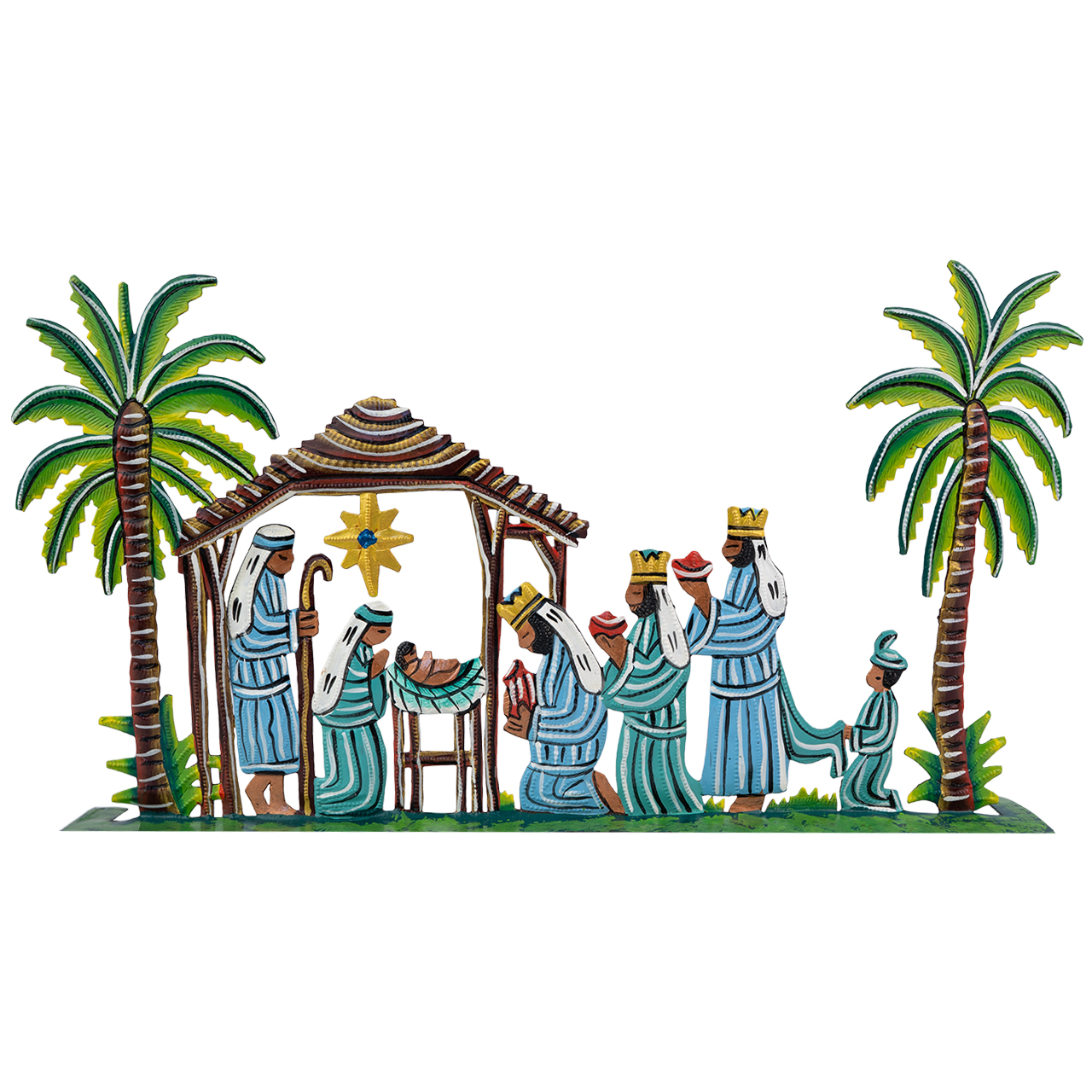 Krippenszene_Metallkrippe_fair_Weihnachtskrippe Krippenszene mit Palmen
